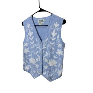 Soho Compagnie Vintage Blue Floral Embroidered Cotton Vest Tie Back Medium